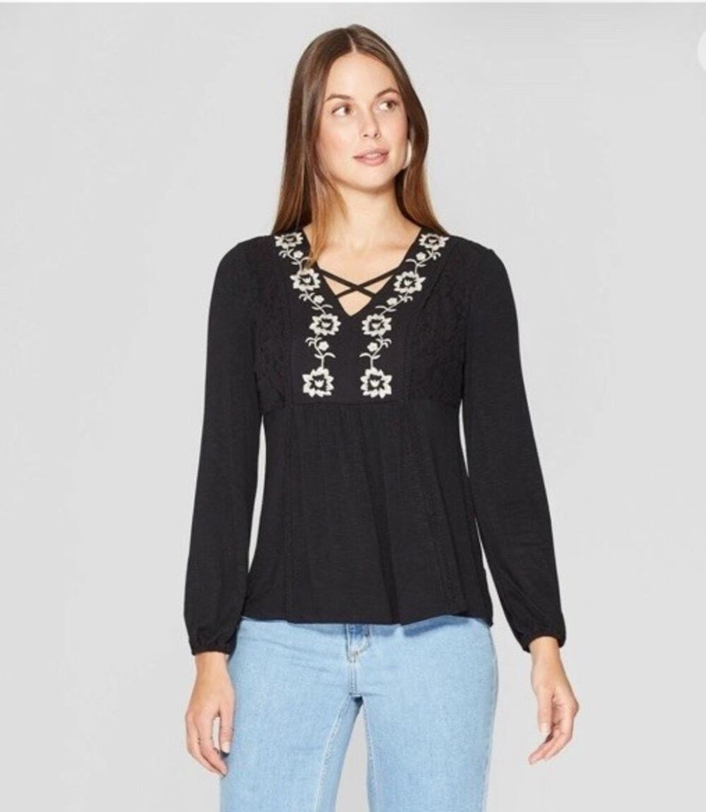 Knox Rose Women’s Long Sleeve Top Contract Embroidered Boho Black Size LARGE